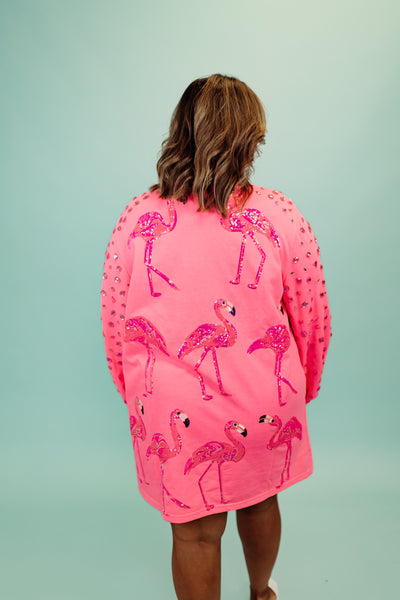 Queen of Sparkles Neon Pink Flamingo Rhinestone Sleeve Dress