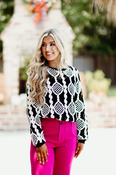 Black and White Lace Trimmed Long Sleeve Top