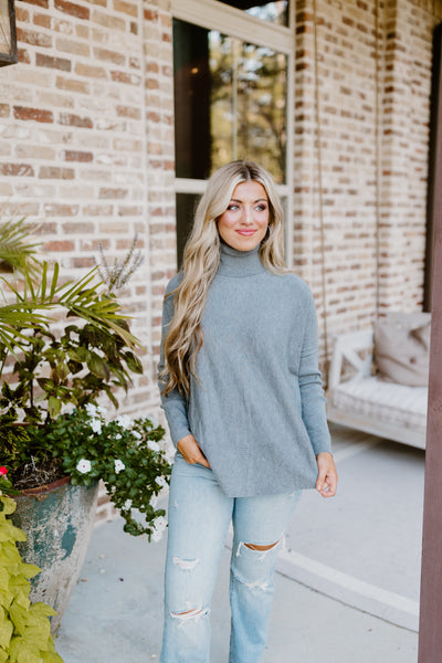 Grey Heather Knit Drop Shoulder Turtleneck Solid Sweater