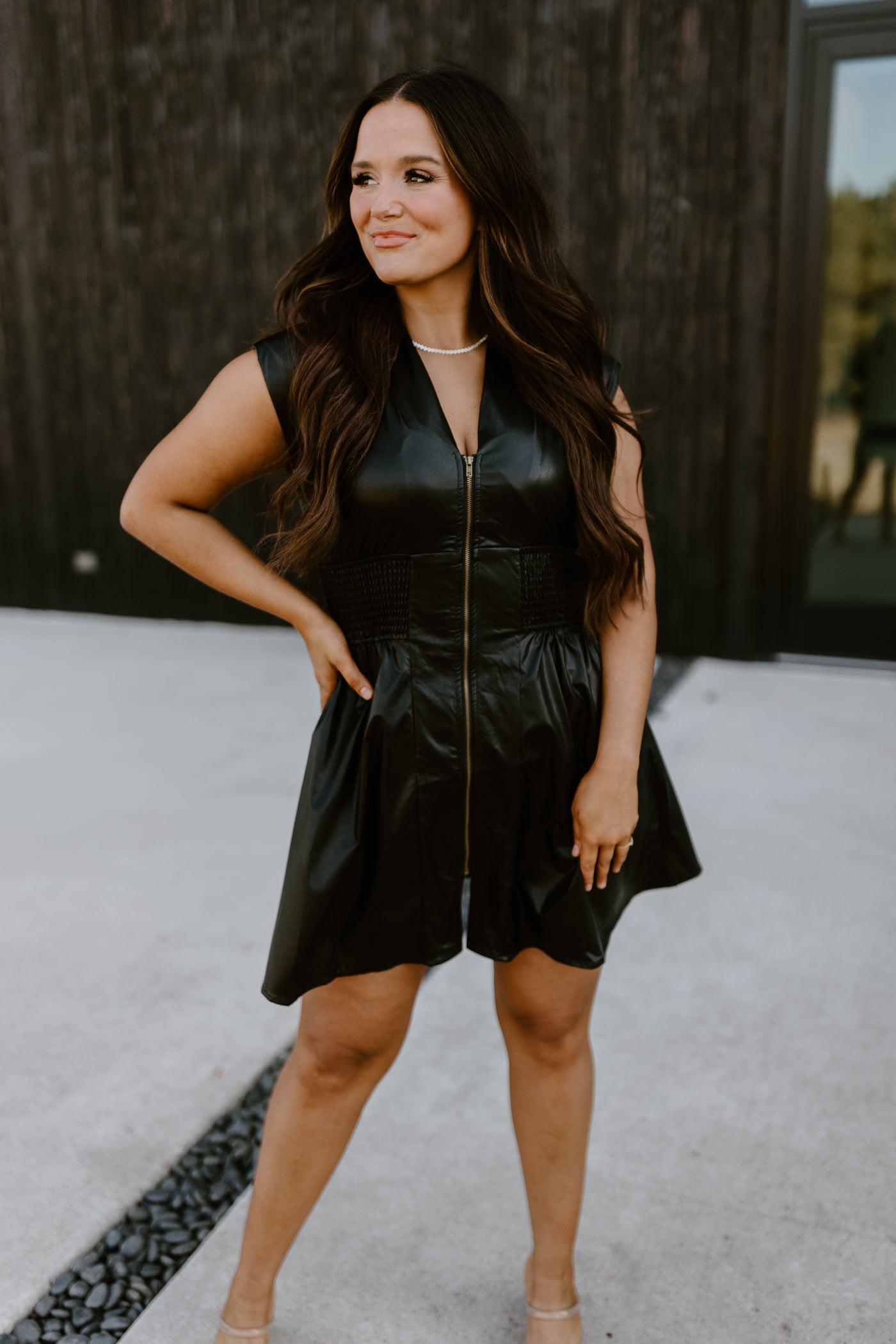 Black V-Neck Sleeveless Smocked Waist Mini Dress