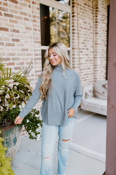 Grey Heather Knit Drop Shoulder Turtleneck Solid Sweater