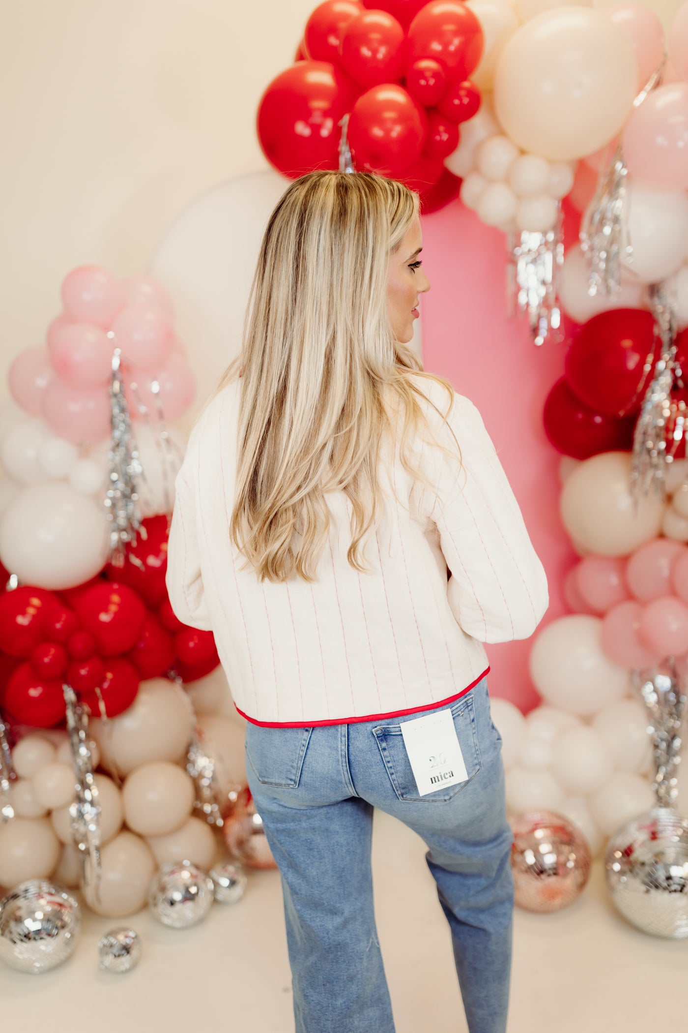 Ecru and Red Floral Hearts Embroidered Quilted Jacket