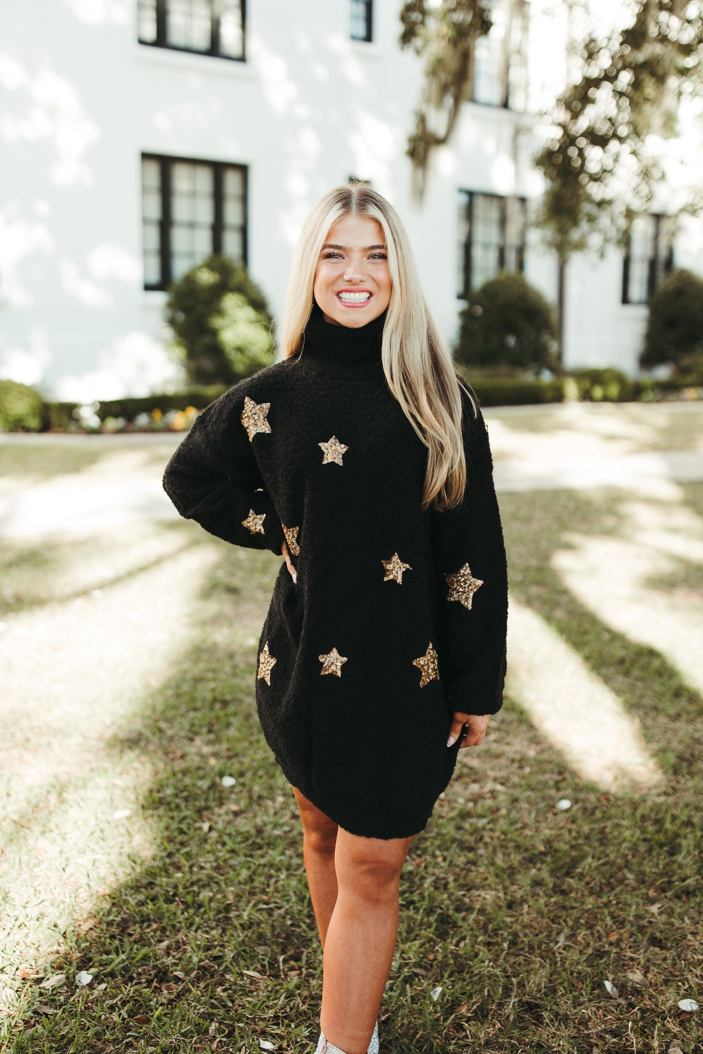 Black Sequin Star Turtleneck Sweater Dress