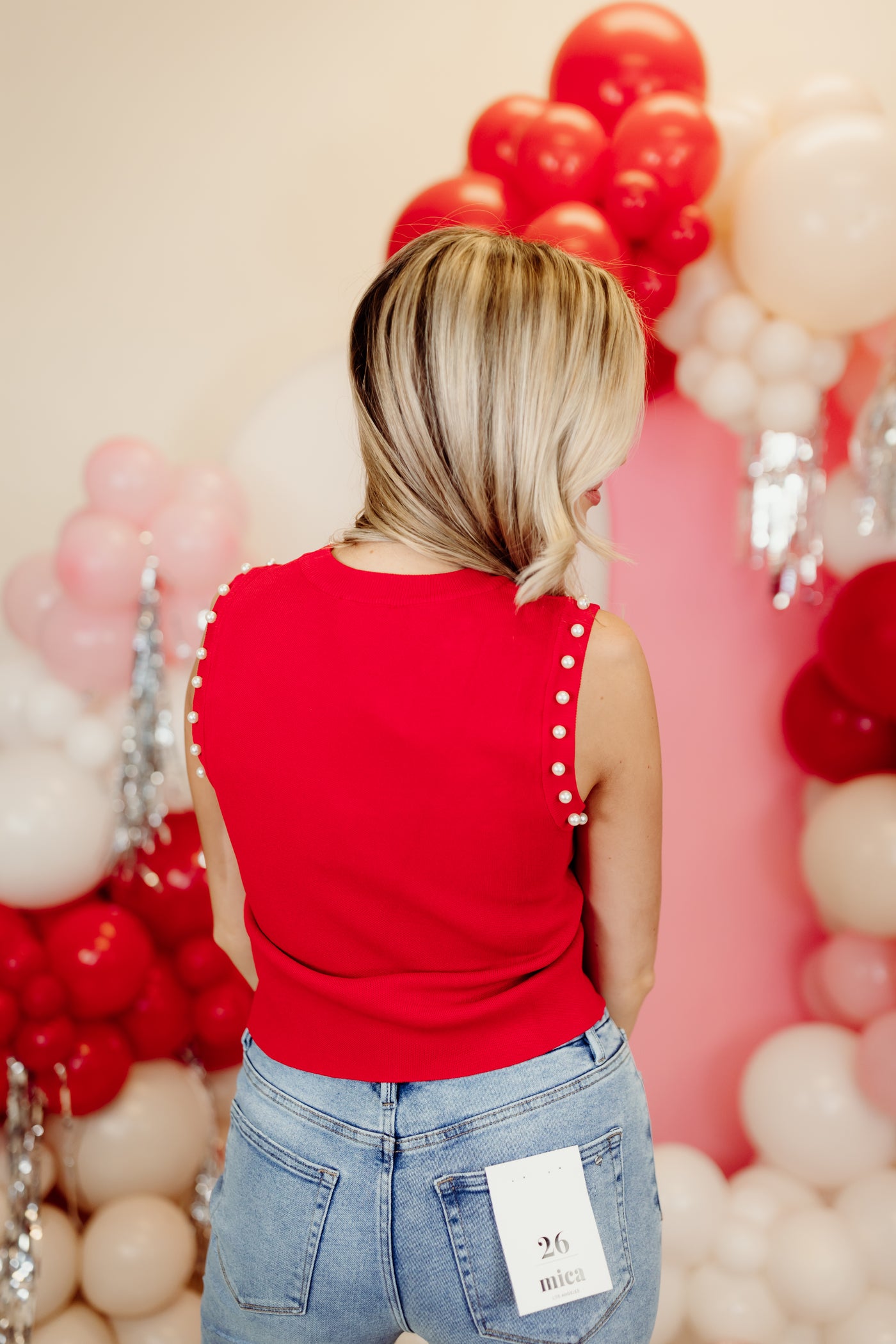 Red Round Neck Sleeveless Pearl Detail Tank