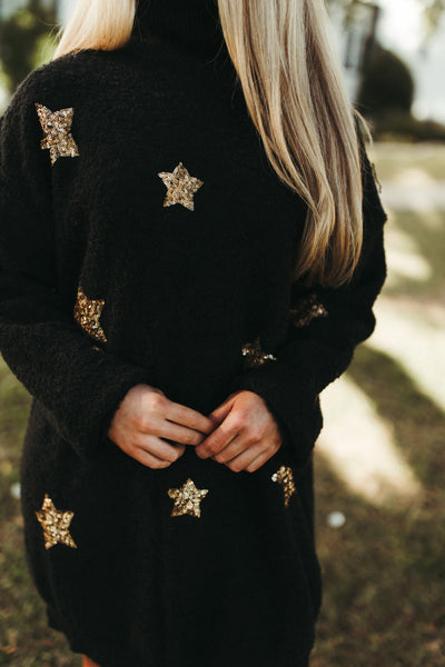 Black Sequin Star Turtleneck Sweater Dress