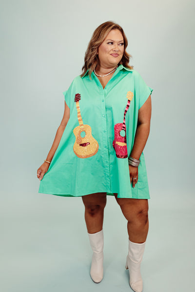 Emerald Sequin Guitar Button Down Shirt Dress