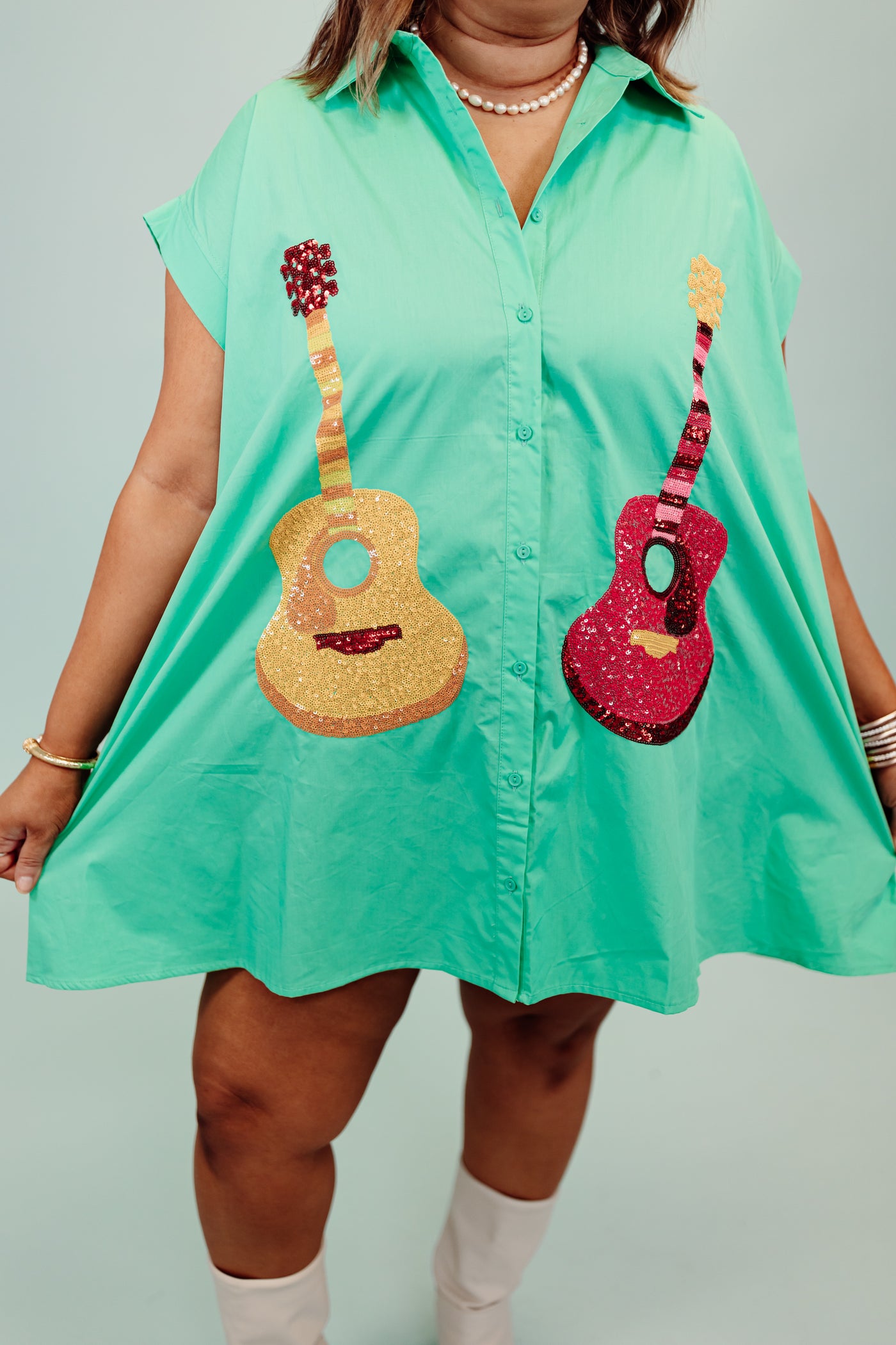 Emerald Sequin Guitar Button Down Shirt Dress