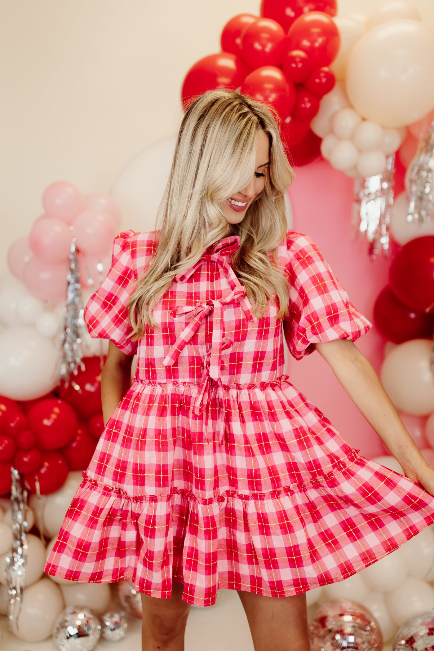 Pink and Red Multi Plaid Bow Detail Mini Dress