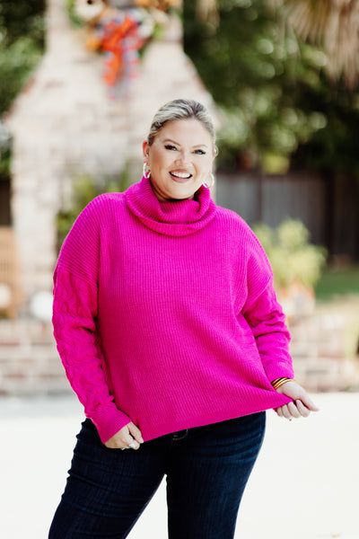 Hot Pink Turtleneck Wavy Knit Sweater