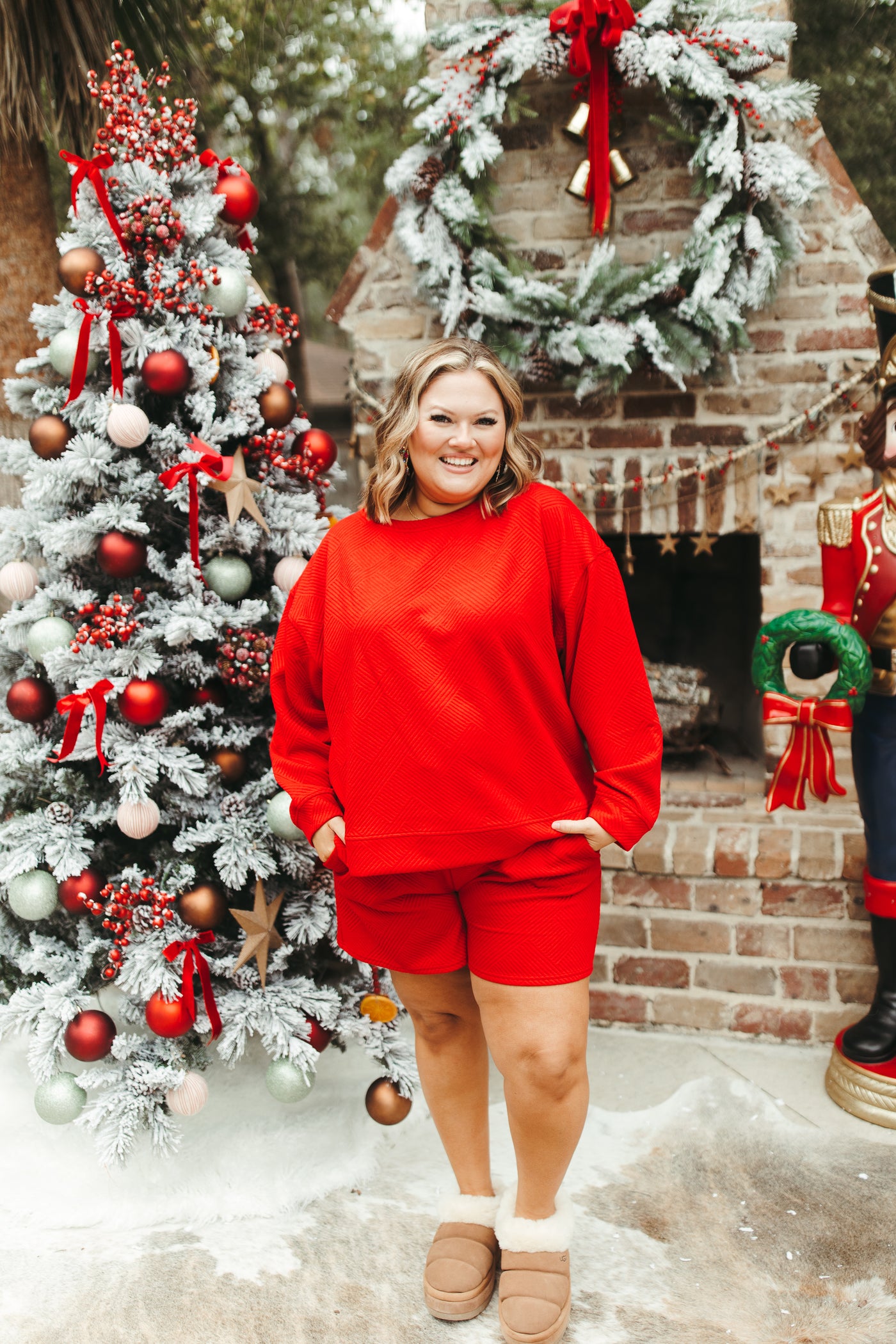 Red Textured Lounge Pullover and Short Set
