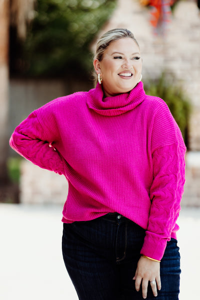 Hot Pink Turtleneck Wavy Knit Sweater
