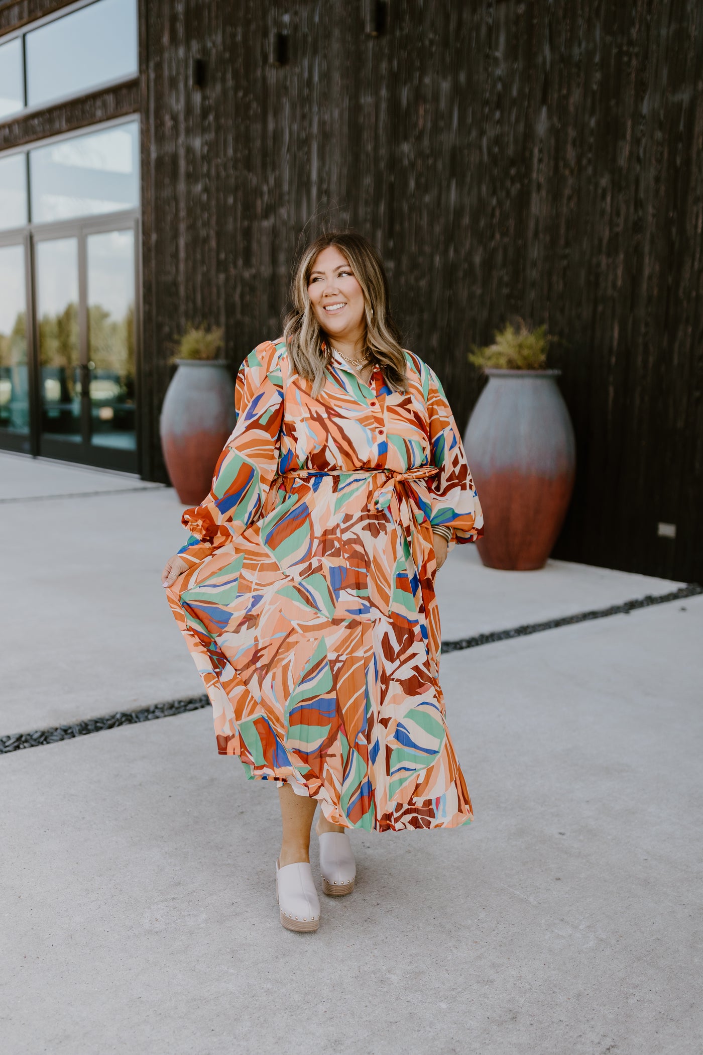 Cognac Green Printed Button Down Collared Midi Dress