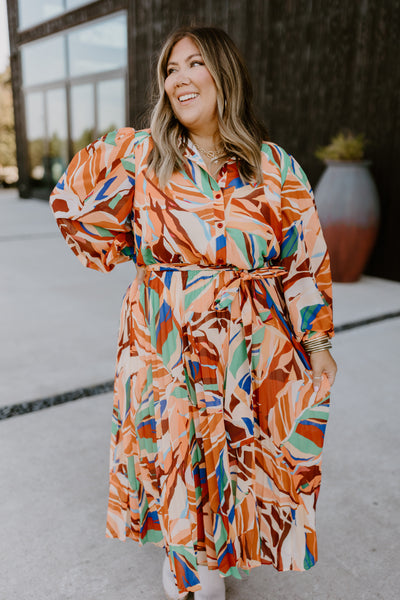 Cognac Green Printed Button Down Collared Midi Dress