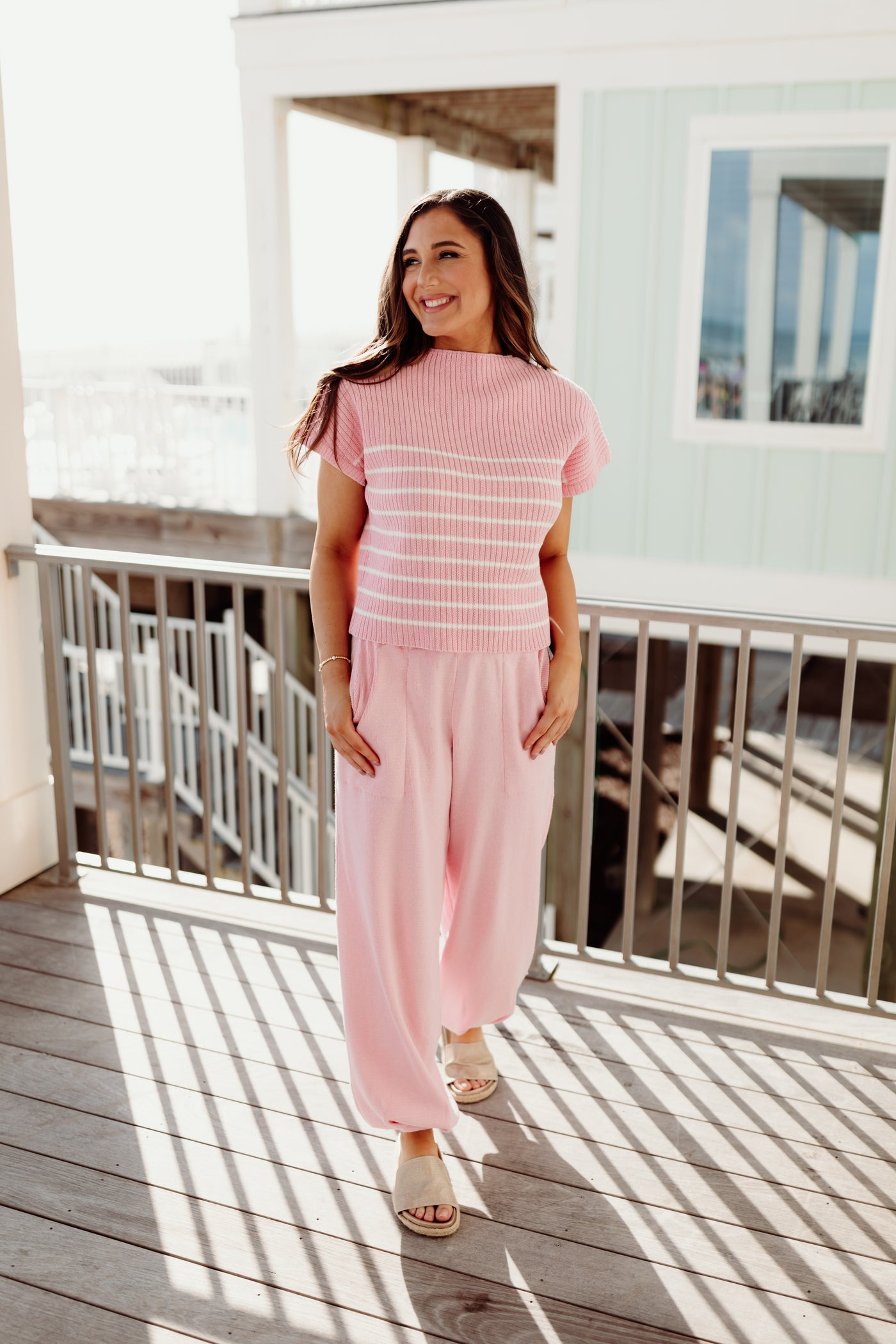 Pink Striped Top and Wide Leg Bunched Bottom Pants