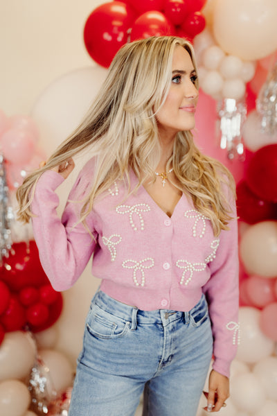 Dusty Pink Pearl Ribbon Embellished Cropped Cardigan