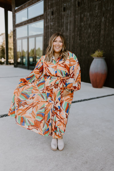 Cognac Green Printed Button Down Collared Midi Dress