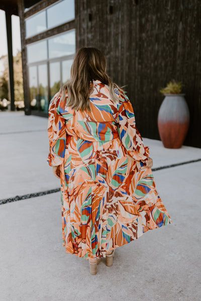 Cognac Green Printed Button Down Collared Midi Dress