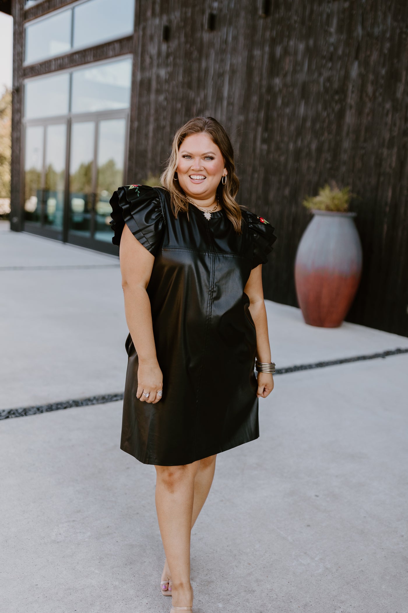 Black Flutter Sleeve Leather Mini Dress