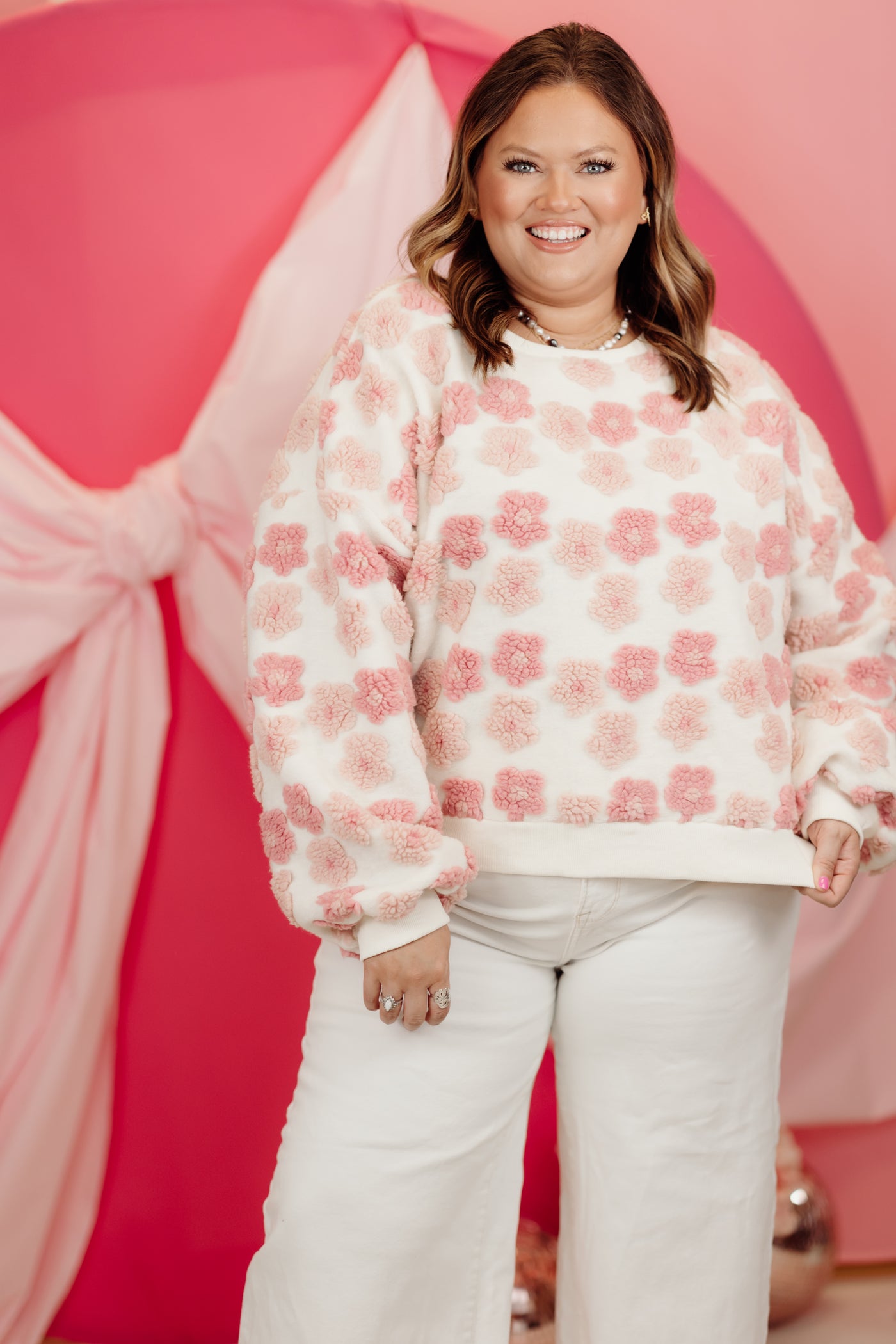 Pink and Blush Sherpa Floral Jacquard Pullover