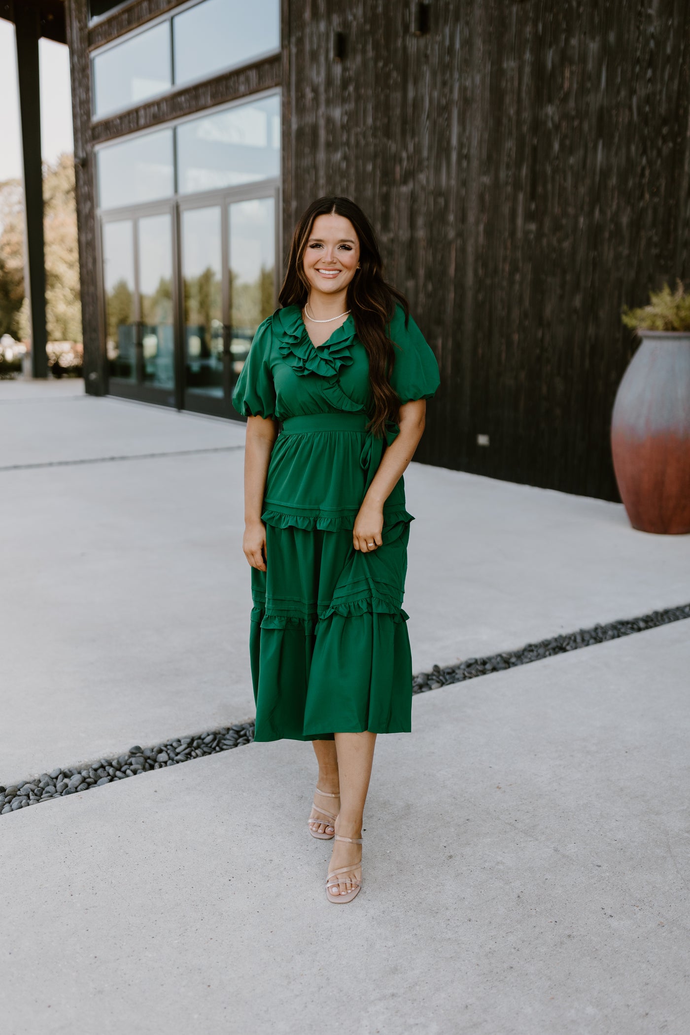 Hunter Green Puff Sleeve Ruffle Detail Midi Dress