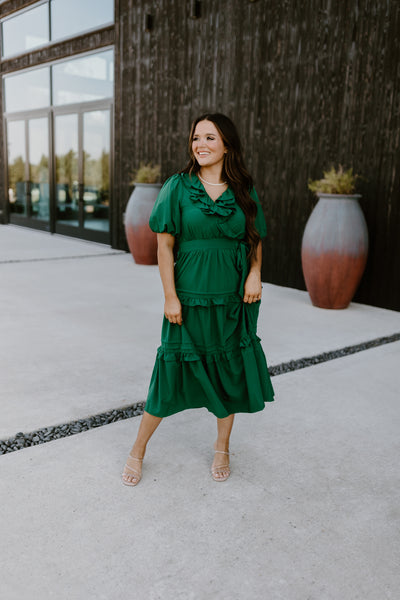 Hunter Green Puff Sleeve Ruffle Detail Midi Dress