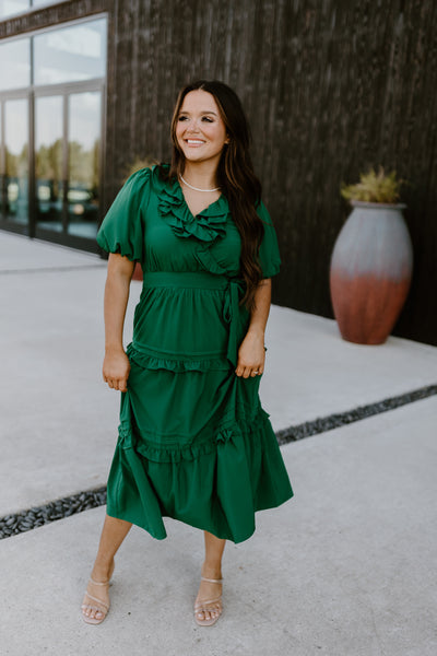 Hunter Green Puff Sleeve Ruffle Detail Midi Dress