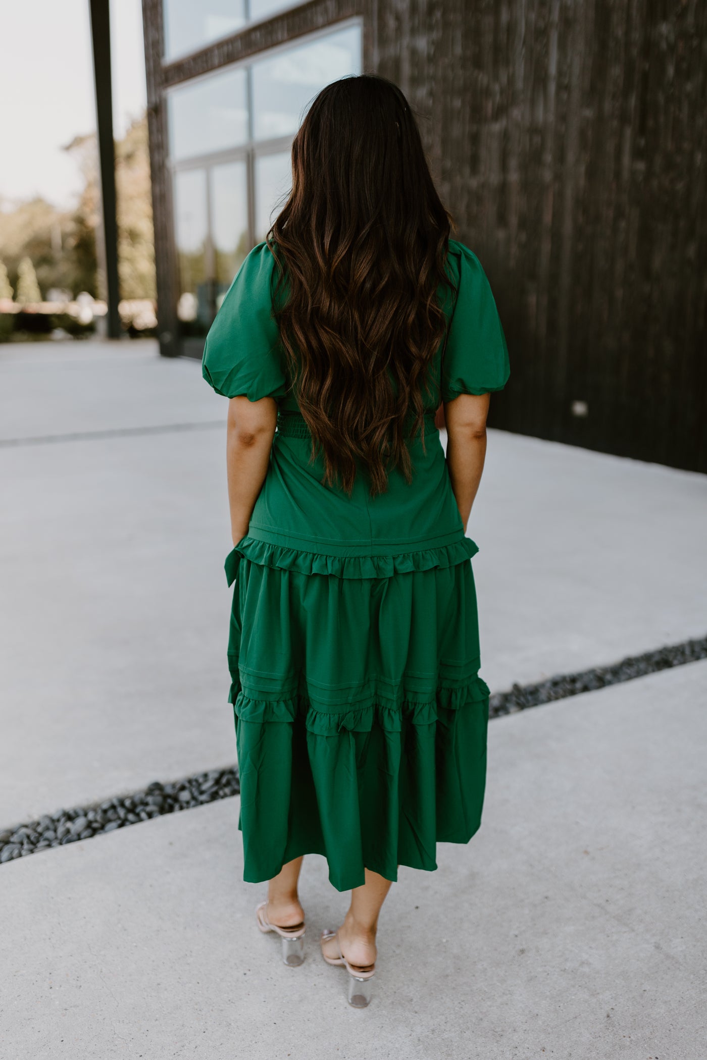 Hunter Green Puff Sleeve Ruffle Detail Midi Dress