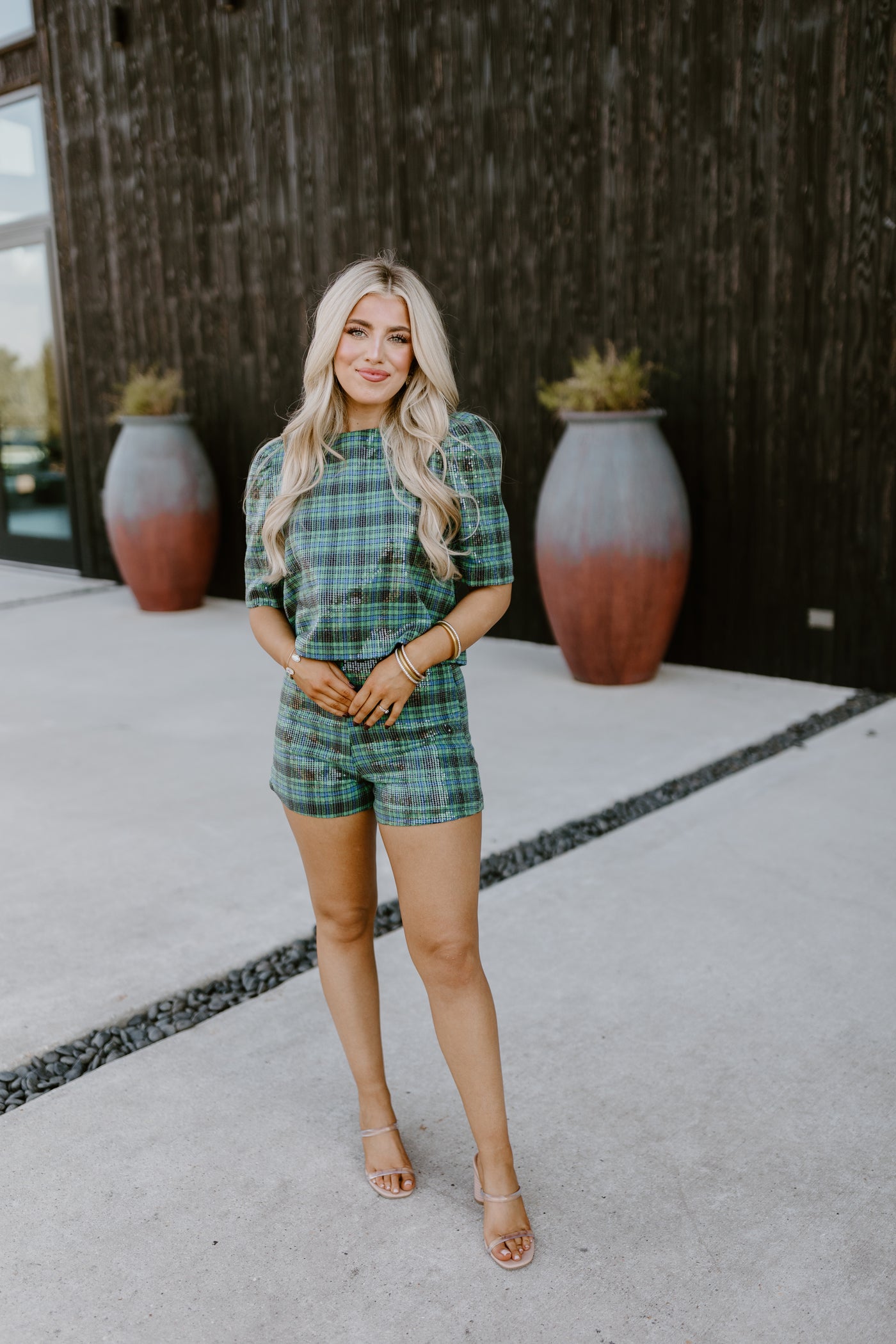 Hunter Green Puff Sleeve Checkered Sequin Top and Short Set