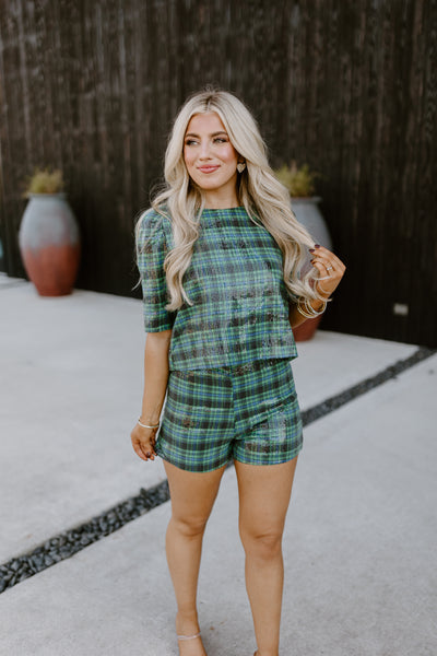 Hunter Green Puff Sleeve Checkered Sequin Top and Short Set