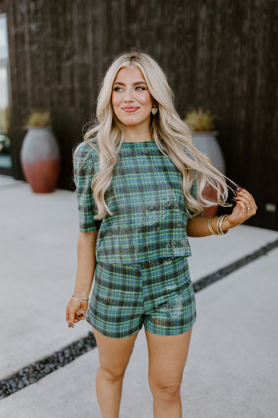 Hunter Green Puff Sleeve Checkered Sequin Top and Short Set