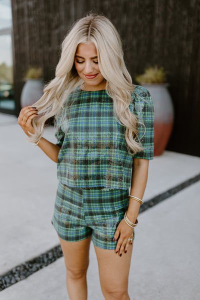 Hunter Green Puff Sleeve Checkered Sequin Top and Short Set