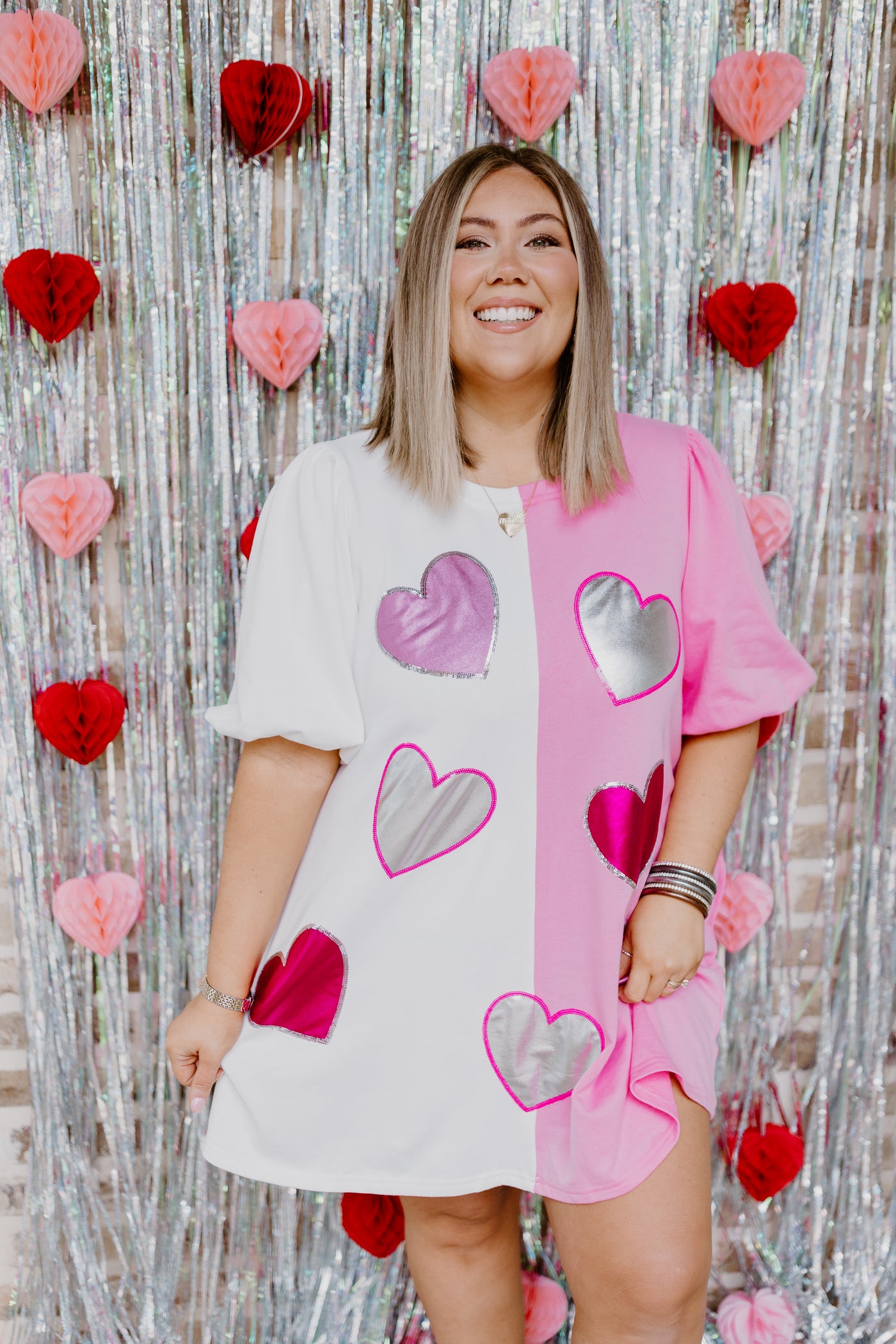 White and Pink Colorblock Metallic Hearts Dress