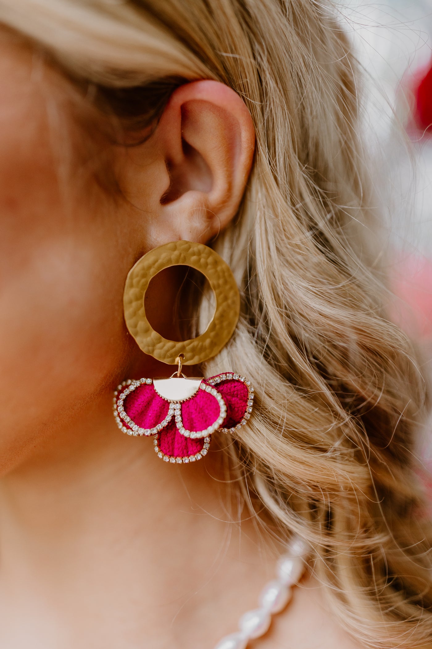 Virtue Hot Pink Rhinestone Flower on Hammered Circle Earrings