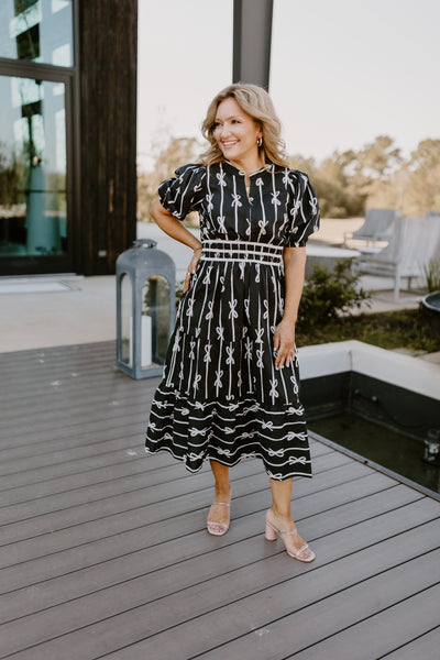 Black Notch Neck Bow Midi Dress