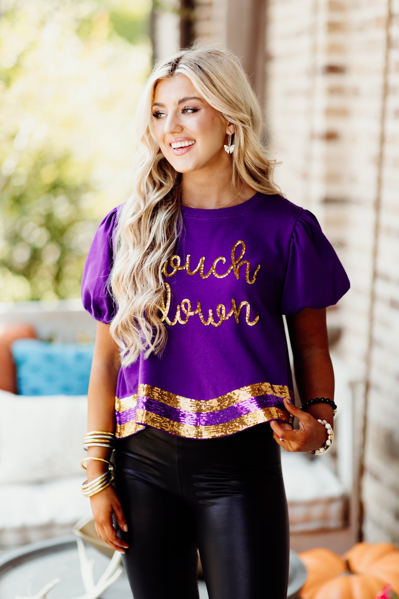 Purple and Gold Sequin Touch Down Script Knit Top