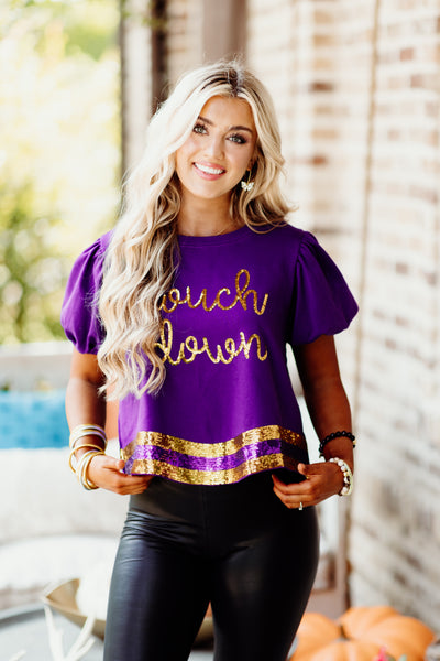 Purple and Gold Sequin Touch Down Script Knit Top