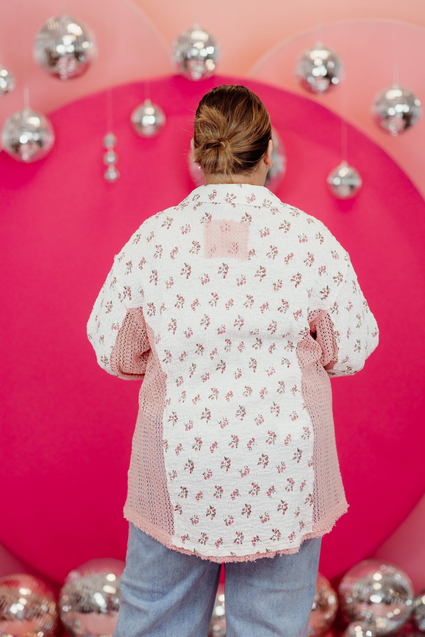 White/Pink Floral Contrast Knit Button Down