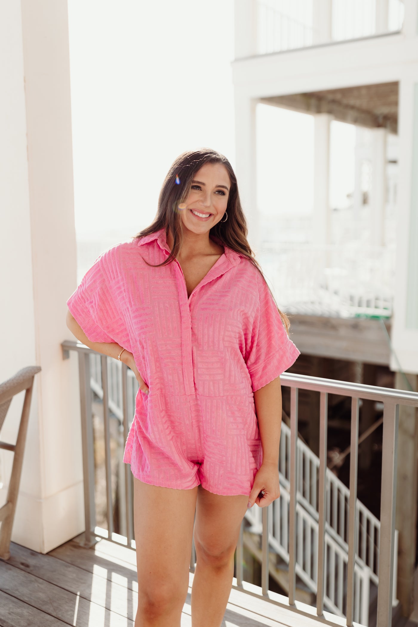 Hot Pink Textured Collared Button Down Romper