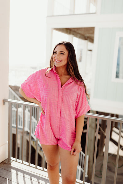 Hot Pink Textured Collared Button Down Romper