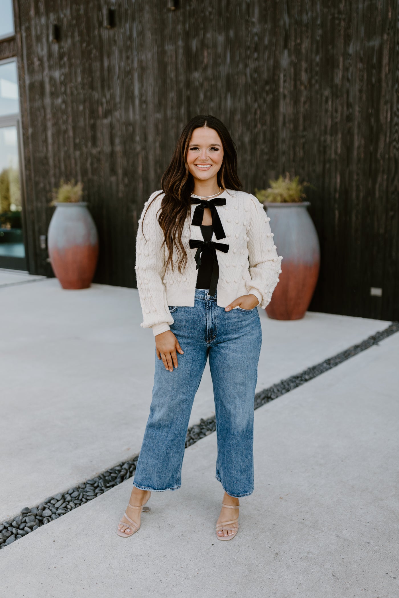 Ivory Bow Front Cable Knit Cardigan