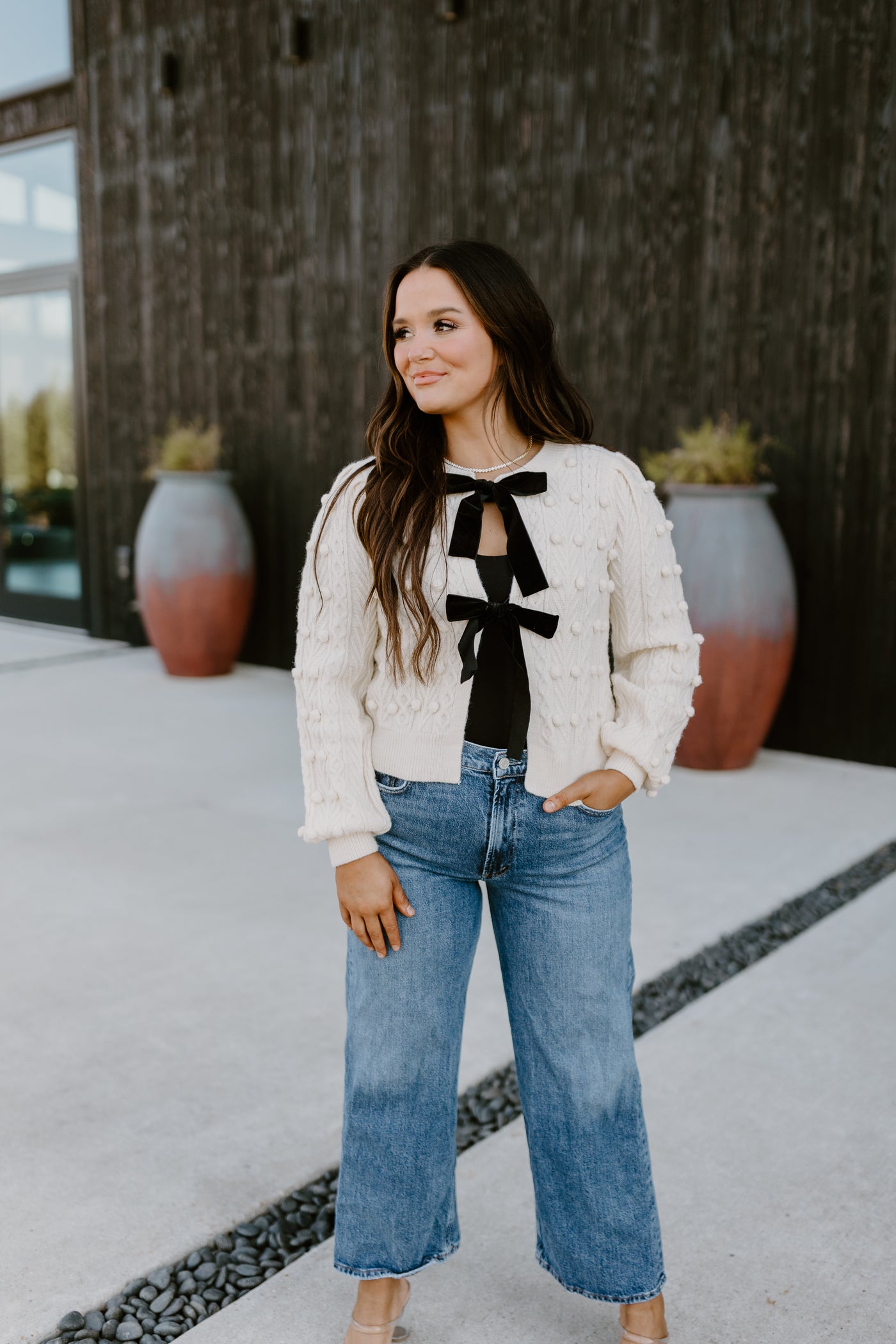 Ivory Bow Front Cable Knit Cardigan