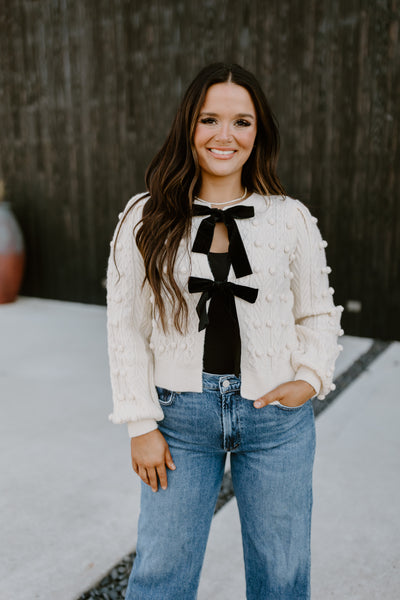 Ivory Bow Front Cable Knit Cardigan