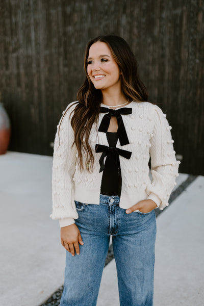 Ivory Bow Front Cable Knit Cardigan