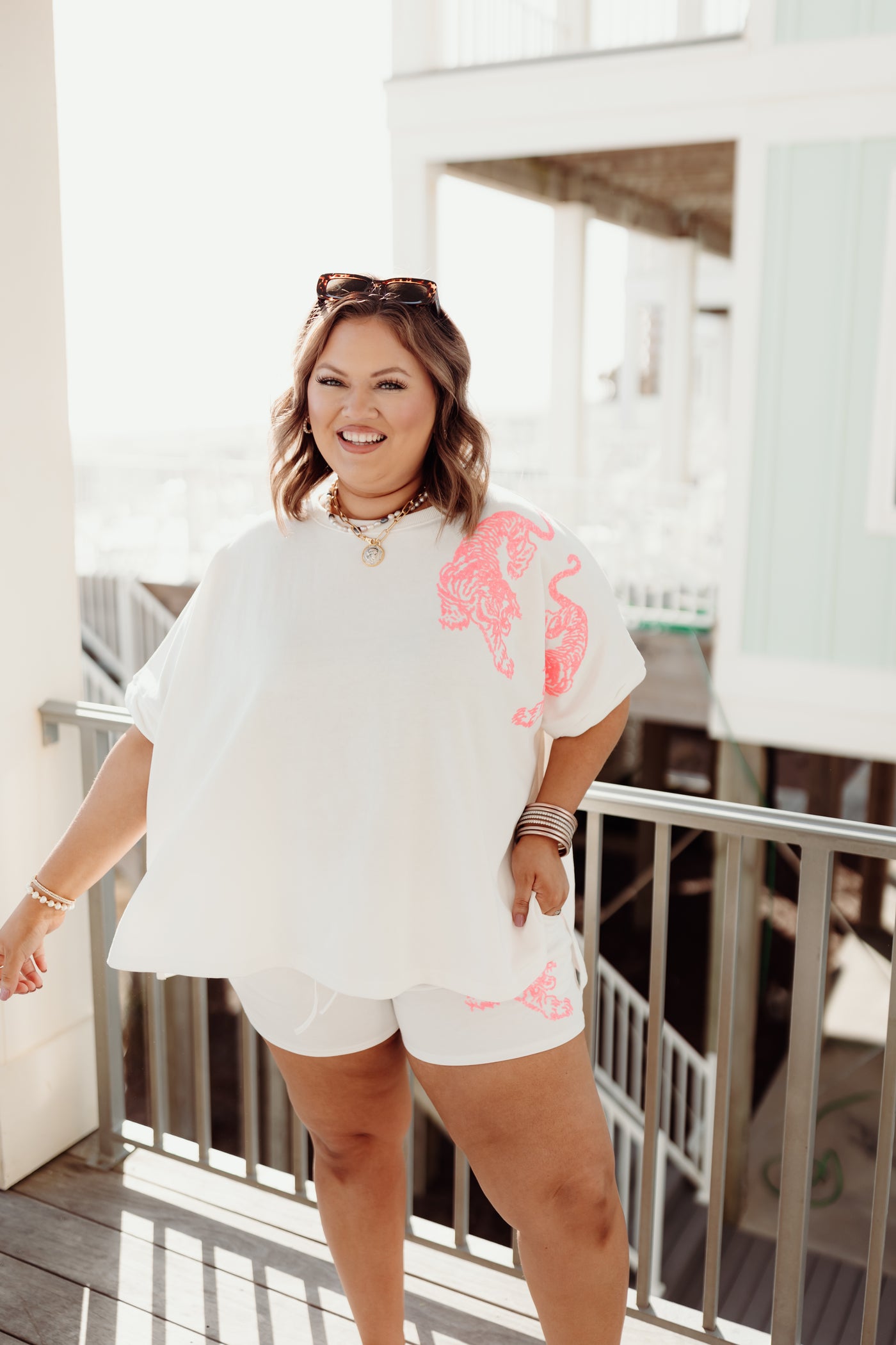 White and Neon Pink Sequin Tiger Tee and Short Set