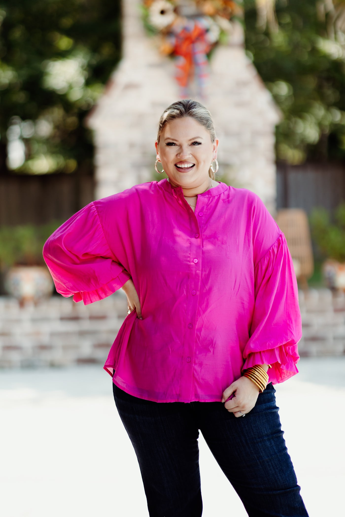 Fuchsia Puff Sleeve Button Down Blouse