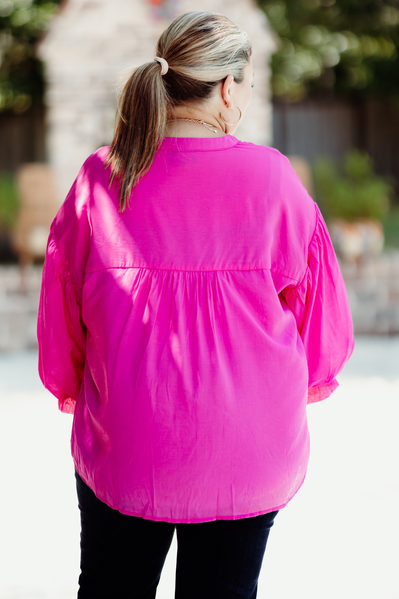 Fuchsia Puff Sleeve Button Down Blouse