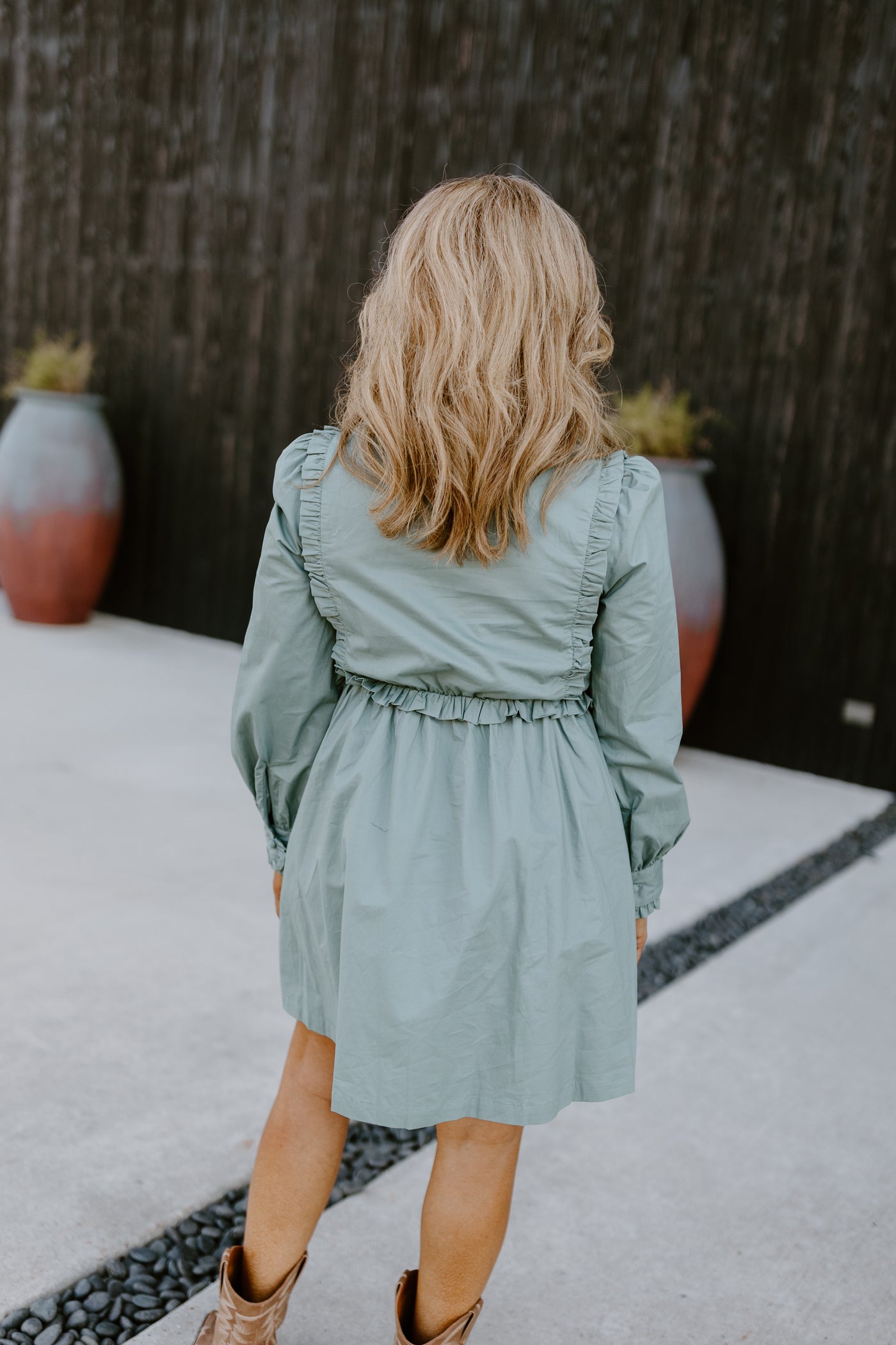 Eucalyptus Button Down Ruffle Trim Poplin Dress