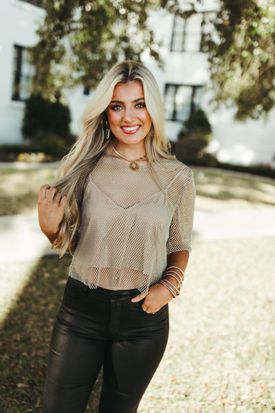 By Together Taupe Rhinestone Mesh Top