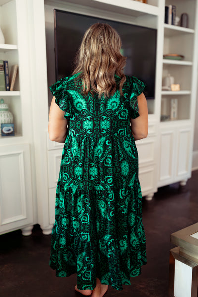 Green Paisley Flutter Sleeve Tiered Midi Dress