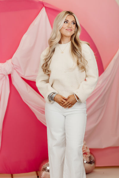 Vanilla Cream Pearl Detail Round Neck Sweater